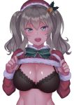  1girl alternate_costume aqua_eyes bell black_bra blurry_background bra breasts capelet cleavage cossory eyebrows_visible_through_hair fur_trim hair_ornament hat highres kantai_collection kashima_(kantai_collection) lace lace-trimmed_bra large_breasts long_sleeves looking_at_viewer open_mouth santa_costume santa_hat shiny shiny_hair shiny_skin shirt_lift silver_hair simple_background solo teeth twintails underwear white_background 