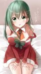  1girl aqua_hair arm_warmers breasts christmas_tree_hair_ornament collarbone detached_collar dress eyebrows_visible_through_hair fur_trim green_eyes hair_between_breasts hair_ornament hands_on_legs highres kantai_collection large_breasts looking_at_viewer neckerchief on_bed open_mouth pentagon_(railgun_ky1206) red_dress strap_slip suzuya_(kantai_collection) translation_request 