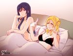  2girls artist_name bed black_bra blonde_hair bra braid breasts cellphone chin_rest cleavage commentary_request crown_braid hair_down hair_over_breasts hair_rings light_frown long_hair love_live! love_live!_sunshine!! matsuura_kanan multiple_girls navel nude ohara_mari phone pillow pito_(sh02327) purple_hair self_shot shared_blanket smartphone smile topless twitter_username under_covers underwear v violet_eyes yellow_eyes yuri 
