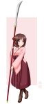  1girl boots bow brown_hair drill_hair full_body hair_bow hakama harukaze_(kantai_collection) highres japanese_clothes kantai_collection kimono long_hair masara_(masalucky2010) meiji_schoolgirl_uniform naginata pink_kimono polearm red_bow red_eyes red_hakama standing twin_drills weapon 