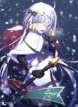  1girl ahoge artist_name bell black_gloves black_legwear capelet cowboy_shot dress elbow_gloves fang fate/grand_order fate_(series) food food_in_mouth from_side fur_trim gloves green_ribbon headpiece holding holding_weapon jeanne_alter jeanne_alter_(santa_lily)_(fate) long_hair looking_at_viewer looking_back magicians_(zhkahogigzkh) open_mouth pocky red_ribbon ribbon ruler_(fate/apocrypha) sack sanpaku short_dress silver_hair snow solo striped striped_ribbon thigh-highs very_long_hair weapon white_dress yellow_eyes 