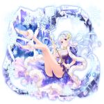 1girl artist_request blue blue_eyes breasts cape cleavage floating_hair full_body fur_trim hair_ornament high_heels holding holding_staff legs light_blue_hair long_hair looking_at_viewer million_arthur_(series) pumps snowflake_hair_ornament snowflakes solo staff 