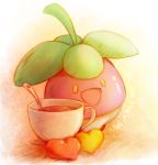  bounsweet cup food leaf no_humans open_mouth pokemon pokemon_(creature) pokemon_(game) pokemon_sm shine_cheese solo teacup yellow_eyes 
