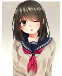  1girl ;o arms_at_sides bangs black_eyes black_hair blurry blush braid breasts cardigan eyebrows_visible_through_hair eyelashes gradient gradient_background grey_background hair_tie heart long_sleeves looking_at_viewer medium_breasts neckerchief one_eye_closed original outside_border red_neckerchief school_uniform serafuku side_braid solo upper_body wakatsuki_you white_border |_| 