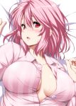 1girl alternate_costume blush breasts cleavage highres large_breasts looking_at_viewer lying no_bra nori_tamago on_bed open_mouth open_pajamas pajamas pink_eyes pink_hair saigyouji_yuyuko short_hair solo touhou