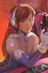  1girl adapted_costume against_object animal_print backlighting bangs bare_shoulders bodysuit bracer breasts brown_eyes brown_hair bunny_print character_name cleavage clothes_writing d.va_(overwatch) detached_sleeves elbow_gloves facepaint facial_mark finger_on_trigger gloves gun hand_up handgun headphones holding holding_gun holding_weapon hose leaning_forward lipstick long_hair looking_at_viewer makeup mecha meka_(overwatch) mu_ye_jun nose overwatch parted_lips pilot_suit pink_lips pink_lipstick pistol purple_gloves realistic ribbed_bodysuit shoulder_pads skin_tight sleeveless small_breasts smile solo sticker strap swept_bangs turtleneck upper_body weapon whisker_markings white_gloves 