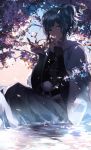  1boy belt blue_eyes blue_hair blush branch cherry_blossoms flower hair_ribbon hakuanobun highres japanese_clothes looking_at_viewer matching_hair/eyes outdoors partially_submerged petals ribbon scarf shade sky solo touken_ranbu tree water yamato-no-kami_yasusada 