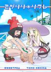  &gt;_&lt; 2girls :d artist_name bag beanie black_hair blonde_hair blush braid cityscape closed_eyes clouds commentary_request dress duffel_bag female_protagonist_(pokemon_sm) hat lillie_(pokemon) long_hair multiple_girls ocean ooshima_tomo open_mouth palm_tree pokemon pokemon_(creature) pokemon_(game) pokemon_sm rowlet shirt short_hair short_shorts shorts sleeveless sleeveless_dress smile squatting sun_hat sweatdrop tied_shirt translation_request tree twin_braids white_dress white_hat xd 