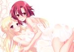  2girls arm_ribbon asymmetrical_docking barefoot blonde_hair blush braid breast_press breasts collarbone commentary dress erect_nipples french_braid girl_on_top hand_on_another&#039;s_arm highres izetta large_breasts long_hair looking_at_viewer multiple_girls open_mouth ortfine_fredericka_von_eylstadt red_eyes redhead ribbon sasakawa_arumi see-through shiny shiny_hair short_hair shuumatsu_no_izetta small_breasts violet_eyes white_background white_dress yuri 