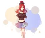  1girl bare_shoulders blush choker clothes_writing cui_ying hecatia_lapislazuli highres long_hair looking_at_viewer midriff navel off_shoulder polos_crown red_eyes redhead shirt skirt smile solo t-shirt touhou 