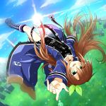  1girl blue_sky bow brown_hair choujigen_game_neptune clouds day green_eyes hair_ornament highres if_(choujigen_game_neptune) long_hair looking_at_viewer neptune_(series) ribbon shika_tsui sky smile solo 