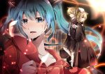  1boy 2girls aqua_eyes aqua_hair bad_end_night_(vocaloid) black_clothes black_dress black_jacket black_shoes blonde_hair bow capelet clock crying crying_with_eyes_open doll_joints dress feathers hair_bow hair_ribbon hatsune_miku jacket kagamine_len kagamine_rin lens_flare light_particles light_rays long_dress long_hair multiple_girls outstretched_hand red_eyes ribbon shirt shoes short_hair short_ponytail socks sparkle tears twintails very_long_hair vocaloid yuken 