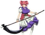  hair_bobbles hair_ornament huge_breasts large_breasts onozuka_komachi red_eyes red_hair scythe short_hair touhou twintails 