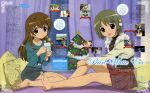  barefoot brown_eyes brown_hair christmas cup dejiko di_gi_charat feet green_eyes green_hair hair_ornament hairclip mug puchiko short_hair teen teenage text winter_garden 