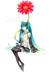  aqua_hair detached_sleeves flower hatsune_miku headset long_hair necktie sitting skirt taki_(pixiv15599) thigh-highs thighhighs twintails very_long_hair vocaloid zettai_ryouiki 