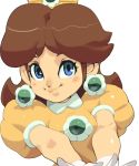  brown_hair crown dress earrings jewelry koki koki_(pixiv) nintendo princess_daisy super_mario_bros. 