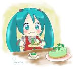  apron bib cake chibi chunake eating food food_on_face hatsune_miku long_hair oekaki pastry puffy_cheeks spring_onion tea twintails vocaloid 