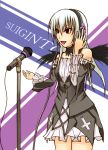  1girl astn bad_id character_name crossover dress headphones look-alike megurine_luka megurine_luka_(cosplay) microphone microphone_stand red_eyes rozen_maiden silver_hair singing solo suigintou vocaloid white_hair wings 