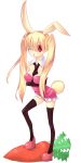  bad_id between_breasts blonde_hair breast_hold breasts bunny_ears bunny_girl bunny_tail carrot elbow_gloves gloves hanasaki_mahiru legs long_hair necktie original rabbit_ears red_eyes tail thigh-highs thighhighs twintails wink 