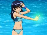  \m/ blue_eyes blue_hair glow glowing long_hair nogami_aoi sunglasses swimsuit wink wristband wristbands zettai_karen_children 