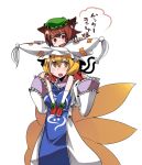  animal_ears blonde_hair brown_hair carrying cat_ears cat_tail chen earrings fang fox_tail getter_robo hitsuji_bako jewelry multiple_girls multiple_tails no_nose parody piggyback shoulder_carry simple_background tail touhou translated yakumo_ran yellow_eyes 