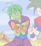  1boy 1girl antenna black_hair blush cloudy_sky crossed_arms dragon_ball dragonball earrings fang genderswap green_hair green_skin jewelry looking_away lowres oekaki piccolo red_eyes son_goku son_gokuu sweatdrop yozora 