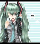  green_eyes green_hair hatsune_miku long_hair necktie neota twintails vocaloid wink 
