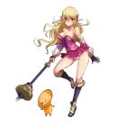  1girl blonde_hair breasts cleavage detached_sleeves esper_(saga_2) highres kara_(color) large_breasts long_hair panties pantyshot pointy_ears red_eyes saga saga_2 saga_frontier_2 skirt smile solo staff teacher_(saga_2) underwear 