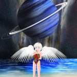  blue_eyes casual_one-piece_swimsuit highres one-piece_swimsuit planet short_hair space star suika_m swimsuit water white_hair wings 