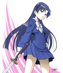  blue_hair cosplay flat_chest idolmaster imai_asami katana kisaragi_chihaya kuzumi_chizuru long_hair minazuki_tsuyuha school_uniform seiken_no_faeries seiyuu_connection seiyuu_joke skirt solo sword weapon 