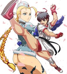  ass black_hair blonde_hair blue_eyes braid buruma cammy_white capcom dougi fingerless_gloves garrison_cap gloves hat headband high_kick japanese_clothes kasugano_sakura kick kicking long_hair petals short_hair split street_fighter street_fighter_4 usatarou 