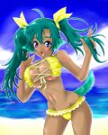  beach bikini blue_eyes dark_skin dog_ears fang gomakichi green_hair highres long_hair original swimsuit twintails 
