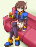  bodysuit brown_hair couch crossed_legs drink green_eyes robot_ears rockman rockman_zx shigehiro_(artist) shorts sitting solo spandex tights vest 