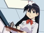  azumanga_daioh azumanga_daiou black_eyes black_hair cat cat_on_head cup dutch_angle highres long_hair pitcher sakaki tray vector_trace waitress 