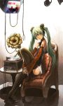  cable china_dress chinadress chinese_clothes detached_sleeves green_eyes green_hair hatsune_miku headphones highres lace legs long_hair megurine_luka motsu_rebaa nail_polish phonograph sitting smile tattoo television thigh-highs thigh_boots thighhighs twintails vocaloid water zipper 