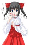  black_hair blue_eyes daiki fan hair_ribbon japanese_clothes miko moe original ribbon translated translation_request twintails 