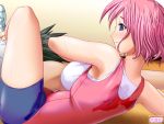  blue_eyes exercise game_cg hitozuma_leotard katsuo_tataki leotard lying pink_hair short_hair sweat sweat_stain wrestling 