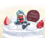  aqua_hair bad_id birthday cake detached_sleeves food fruit hatsune_miku holding holding_fruit in_food long_hair minazuki_(artist) minazuki_(jo) minigirl pastry skirt strawberries strawberry thigh-highs thighhighs twintails very_long_hair vocaloid zettai_ryouiki 