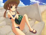  bikini brown_eyes brown_hair food fruit hat holding holding_fruit nail_polish original sand sandals stairs swimsuit twintails watermelon 