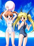  ball beachball blonde_hair blue_eyes blush brown_hair fate_testarossa long_hair mahou_shoujo_lyrical_nanoha mahou_shoujo_lyrical_nanoha_a&#039;s mahou_shoujo_lyrical_nanoha_a's one-piece_swimsuit red_eyes school_swimsuit swimsuit takamachi_nanoha twintails white_swimsuit yukimura_(pixiv322693) yukimura_hajime 