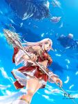  armor bird blue_eyes city cloud crystal d.k. elf feathers floating_city floating_island flying frills highres lineage lineage_2 long_hair midriff navel pink_hair pointy_ears ship staff 