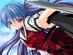  game_cg koisuru_otome_to_shugo_no_tate long_hair pink_eyes purple_hair sanada_setsuku school_uniform smile sword 