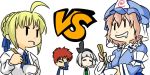  blonde_hair blouse chibi chopsticks competition crossover emiya_shirou facepalm fate/stay_night fate_(series) hairband hat konpaku_youmu parody pink_hair red_hair redhead saber saigyouji_yuyuko saliva short_hair touhou vs wabi_(wbsk) wabi_tsubaki |_| 