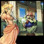  cape crown dress earrings elbow_gloves facial_hair gloves jewelry koki koki_(pixiv) long_hair mario mustache nintendo princess_peach super_mario_bros. window yoshi 