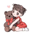  brown_hair child cute dress hug kicham lowres plush polka_dot ribbon stuffed_animal stuffed_toy teddy_bear 