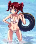  bikini blue_eyes brown_hair flat_chest innertube otter_kawauso short_hair swimsuit thigh_gap twintails wading water 