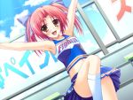  arms_up boku_to_gonee_to_umi_no_year boku_to_gonee_to_umi_no_year!! cheerleader dutch_angle game_cg midriff nanami_mei red_hair redhead short_hair skirt socks tomose_shunsaku twintails 