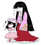  2girls :3 animal_ears bent_over black_hair carrot_necklace closed_eyes commentary_request dress floppy_ears furukawa_(yomawari) houraisan_kaguya inaba_tewi japanese_clothes kimono long_hair multiple_girls open_mouth petting pink_dress puffy_short_sleeves puffy_sleeves rabbit_ears short_sleeves sketch sleeves_past_wrists squiggle touhou very_long_hair 