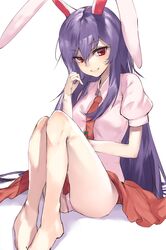  1girl animal_ears ass asuzemu barefoot collared_shirt female hair_between_eyes highres knees_up long_hair looking_at_viewer necktie panties pantyshot pantyshot_(sitting) pin pink_panties pink_shirt playing_with_own_hair puffy_short_sleeves puffy_sleeves purple_hair rabbit_ears red_eyes red_necktie red_skirt reisen_udongein_inaba shirt short_sleeves simple_background sitting skirt smile solo touhou underwear very_long_hair white_background 