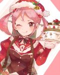  ;p adapted_costume christmas_cake fur_trim hair_bobbles hair_ornament hat itomugi-kun kantai_collection looking_at_viewer one_eye_closed pink_eyes pink_hair rabbit santa_costume santa_hat sazanami_(kantai_collection) short_hair smile tongue tongue_out twintails 